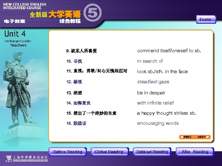 9. 被某人所喜爱 commend itself/oneself to sb. 10. 寻找 in search of 11. 直视；勇敢/问心无愧地面对 look
