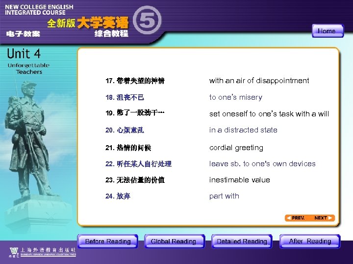 17. 带着失望的神情 with an air of disappointment 18. 沮丧不已 to one’s misery 19. 憋了一股劲干…