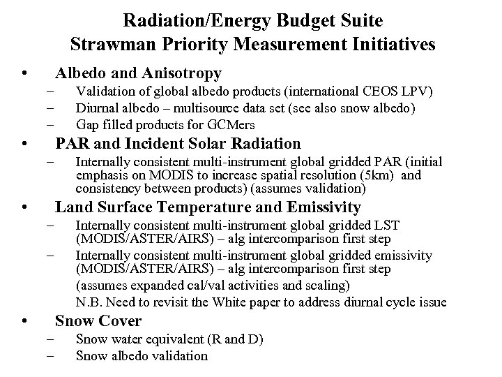 Radiation/Energy Budget Suite Strawman Priority Measurement Initiatives • Albedo and Anisotropy – – –