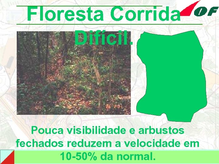 Floresta Corrida Difícil. Pouca visibilidade e arbustos fechados reduzem a velocidade em 10 -50%