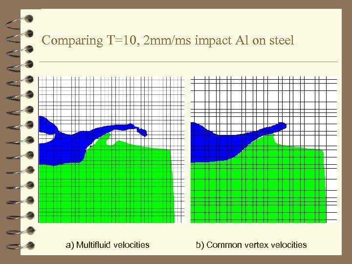 Comparing T=10, 2 mm/ms impact Al on steel a) Multifluid velocities b) Common vertex