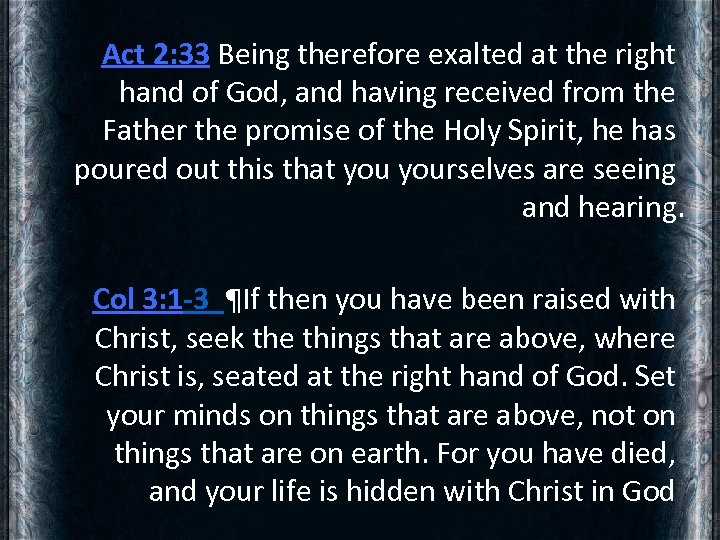 Act 2: 33 Being therefore exalted at the right hand of God, and having