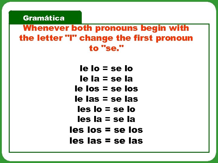 Gramática Whenever both pronouns begin with the letter "l" change the first pronoun to