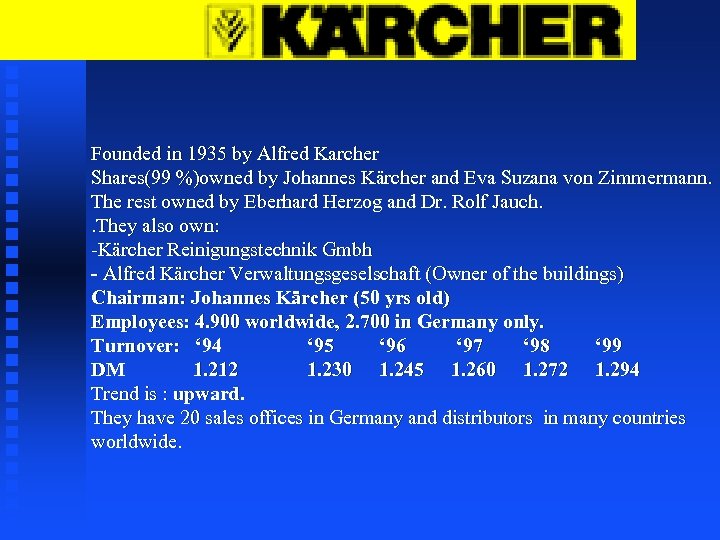 Founded in 1935 by Alfred Karcher Shares(99 %)owned by Johannes Kärcher and Eva Suzana