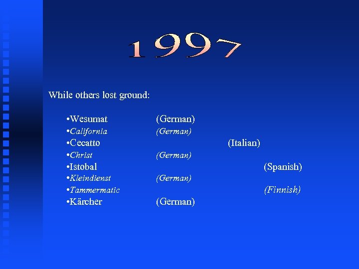 While others lost ground: • Wesumat (German) • California (German) • Cecatto • Christ