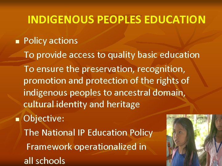 INDIGENOUS PEOPLES EDUCATION n n Policy actions To provide access to quality basic education