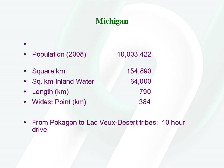 Michigan • • Population (2008) • • Square km Sq. km Inland Water Length