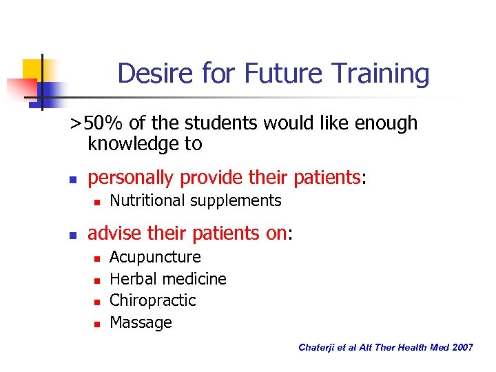 Desire for Future Training >50% of the students would like enough knowledge to n