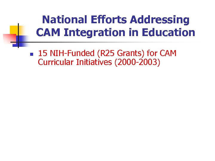 National Efforts Addressing CAM Integration in Education n 15 NIH-Funded (R 25 Grants) for