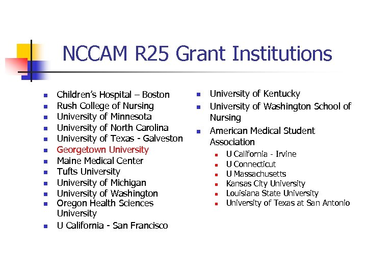 NCCAM R 25 Grant Institutions n n n Children’s Hospital – Boston Rush College