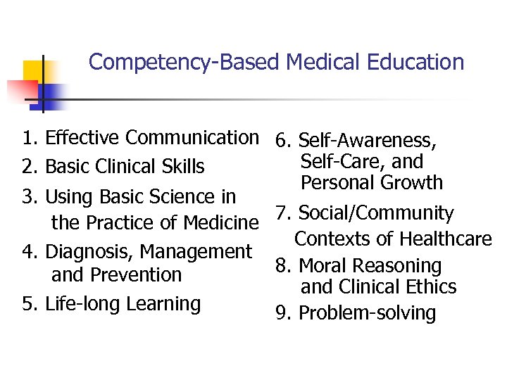 Competency-Based Medical Education 1. Effective Communication 6. Self-Awareness, Self-Care, and 2. Basic Clinical Skills