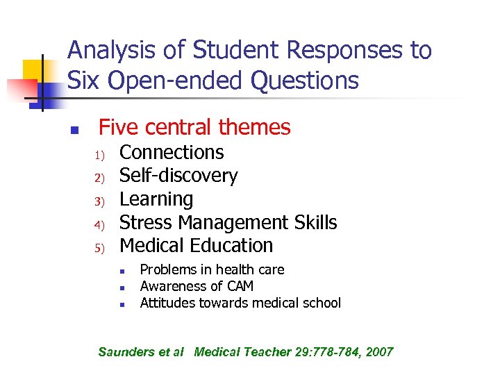 Analysis of Student Responses to Six Open-ended Questions n Five central themes 1) 2)