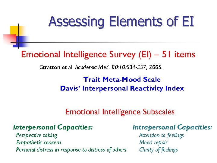 Assessing Elements of EI Emotional Intelligence Survey (EI) – 51 items Stratton et al
