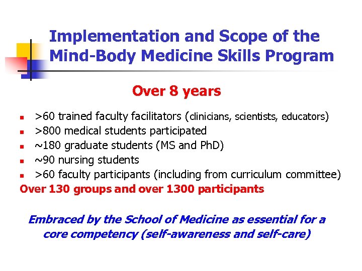 Implementation and Scope of the Mind-Body Medicine Skills Program Over 8 years >60 trained