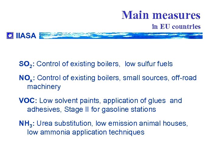 Main measures in EU countries IIASA SO 2: Control of existing boilers, low sulfur