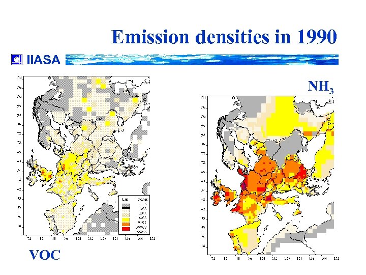 Emission densities in 1990 IIASA NH 3 VOC 