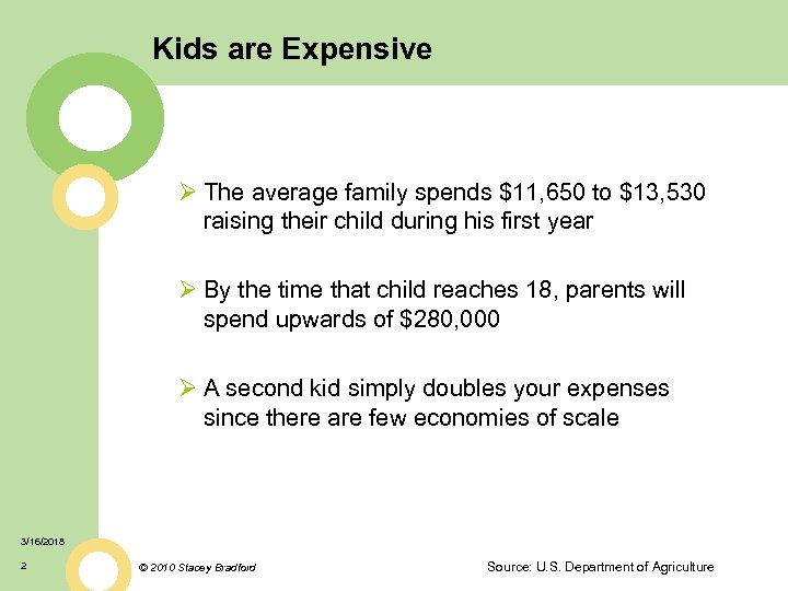 Kids are Expensive Ø The average family spends $11, 650 to $13, 530 raising