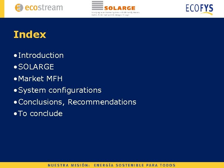 Index • Introduction • SOLARGE • Market MFH • System configurations • Conclusions, Recommendations
