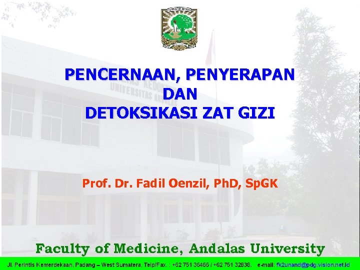 PENCERNAAN, PENYERAPAN DETOKSIKASI ZAT GIZI Prof. Dr. Fadil Oenzil, Ph. D, Sp. GK 