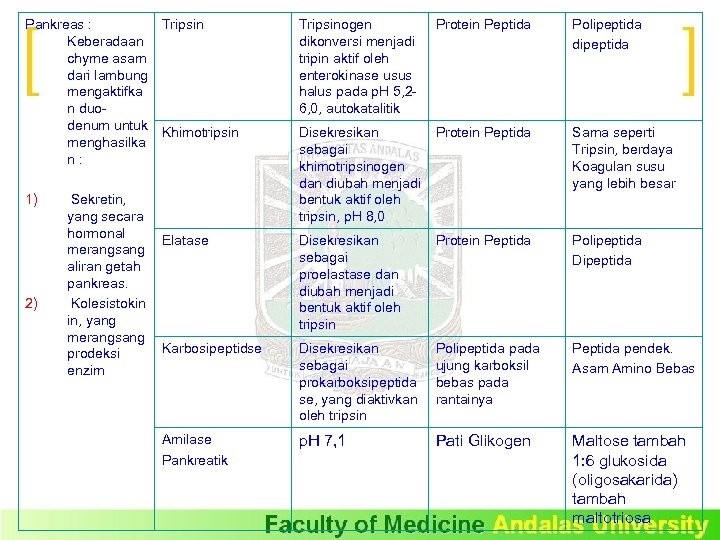Pankreas : Tripsin Keberadaan chyme asam dari lambung mengaktifka n duodenum untuk Khimotripsin menghasilka