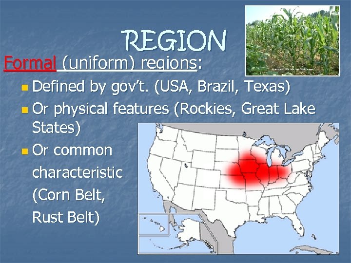 REGION Formal (uniform) regions: n Defined by gov’t. (USA, Brazil, Texas) n Or physical