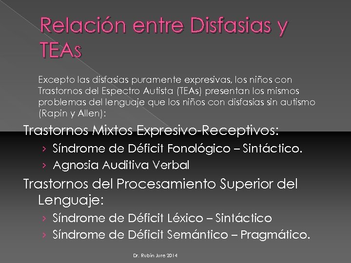 Relación entre Disfasias y TEAS Excepto las disfasias puramente expresivas, los niños con Trastornos