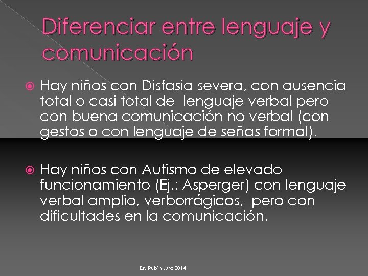 Diferenciar entre lenguaje y comunicación Hay niños con Disfasia severa, con ausencia total o