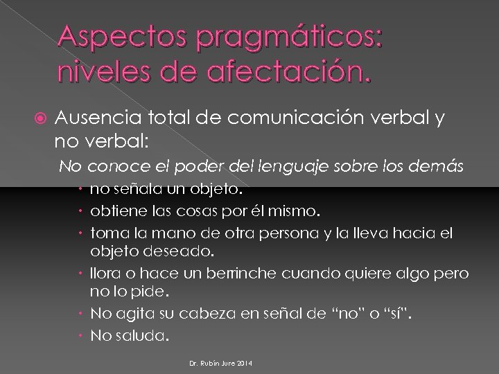 Aspectos pragmáticos: niveles de afectación. Ausencia total de comunicación verbal y no verbal: No