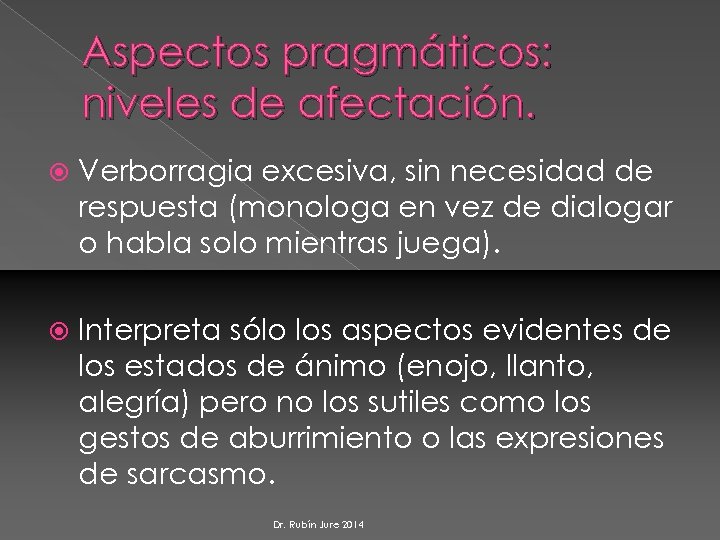 Aspectos pragmáticos: niveles de afectación. Verborragia excesiva, sin necesidad de respuesta (monologa en vez