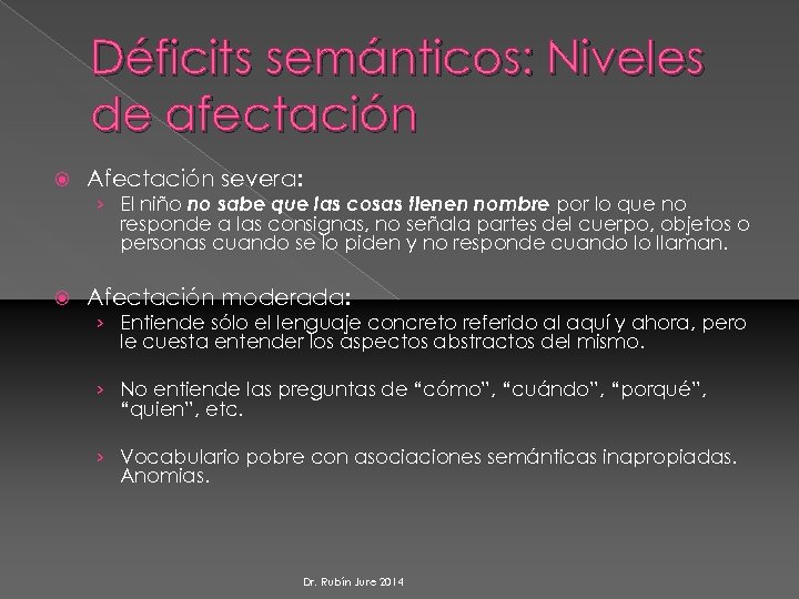 Déficits semánticos: Niveles de afectación Afectación severa: › El niño no sabe que las