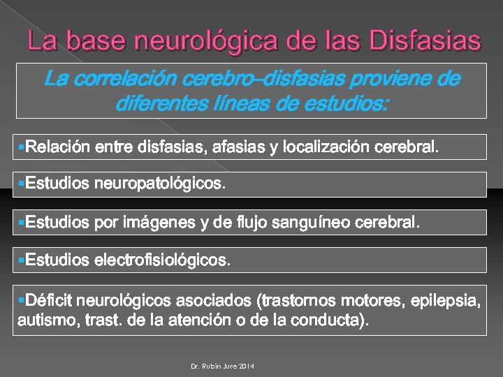 La base neurológica de las Disfasias La correlación cerebro–disfasias proviene de diferentes líneas de