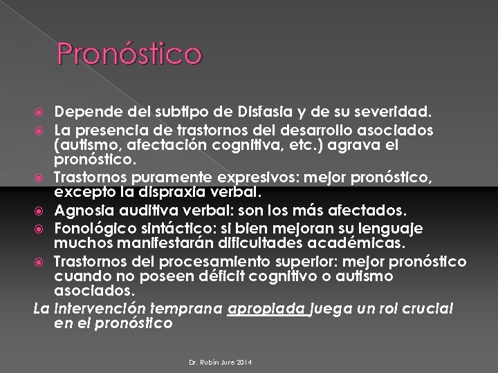Pronóstico Depende del subtipo de Disfasia y de su severidad. La presencia de trastornos