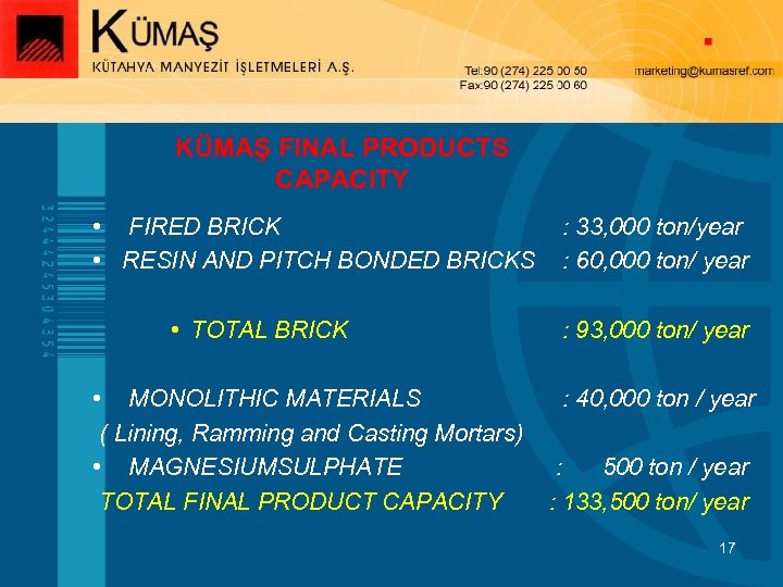 KÜMAŞ FINAL PRODUCTS CAPACITY • FIRED BRICK • RESIN AND PITCH BONDED BRICKS •