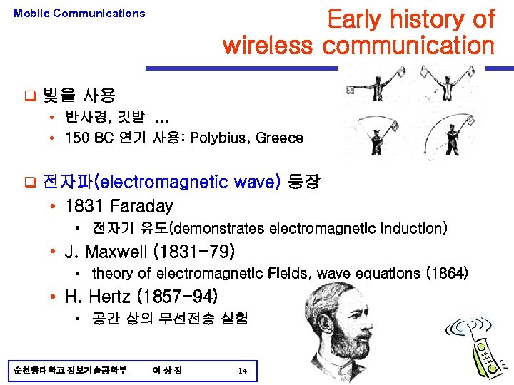 Mobile Communications Early history of wireless communication q 빛을 사용 • 반사경, 깃발. .