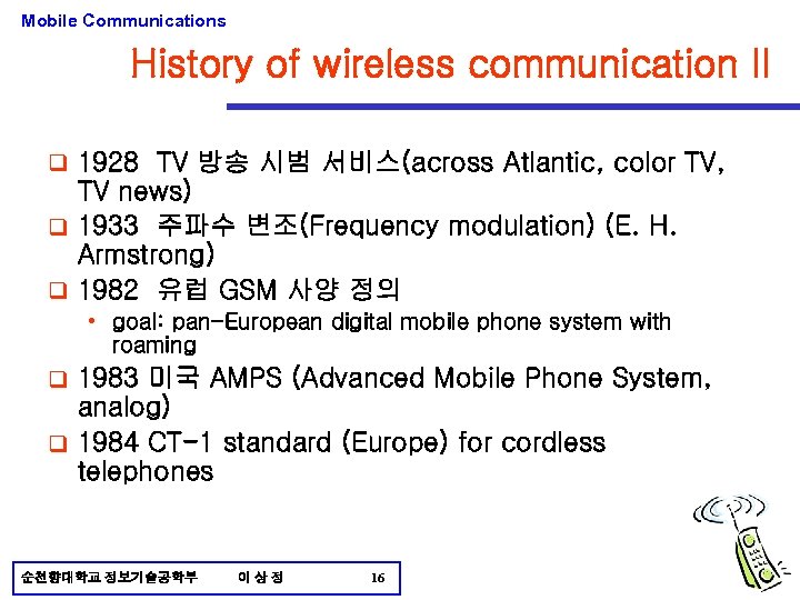 Mobile Communications History of wireless communication II q 1928 TV 방송 시범 서비스(across Atlantic,