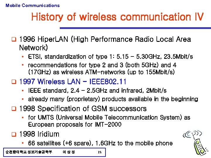 Mobile Communications History of wireless communication IV q 1996 Hiper. LAN (High Performance Radio