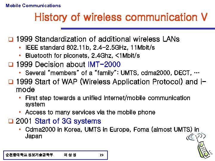 Mobile Communications History of wireless communication V q 1999 Standardization of additional wireless LANs