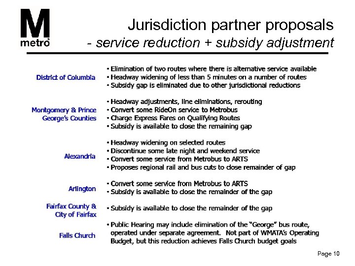 Jurisdiction partner proposals - service reduction + subsidy adjustment Page 10 