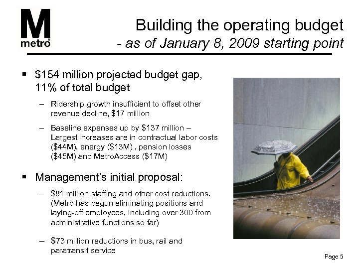 Building the operating budget - as of January 8, 2009 starting point § $154