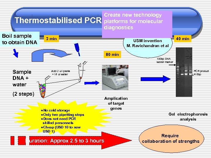 Thermostabilised PCR Boil sample to obtain DNA Create new technology platforms for molecular diagnostics