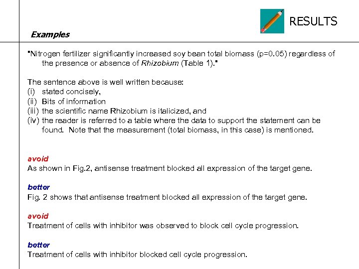 RESULTS Examples "Nitrogen fertilizer significantly increased soy bean total biomass (p=0. 05) regardless of