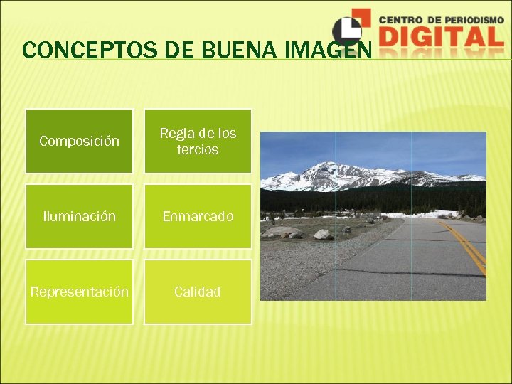 CONCEPTOS DE BUENA IMAGEN Composición Regla de los tercios Iluminación Enmarcado Representación Calidad 