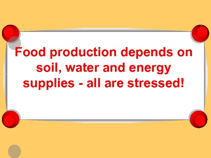 Food production depends on soil, water and energy supplies - all are stressed! 