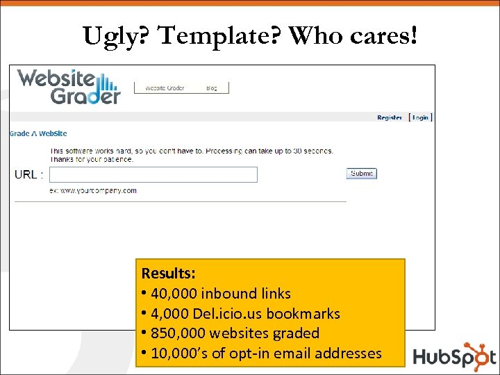 Ugly? Template? Who cares! Results: • 40, 000 inbound links • 4, 000 Del.