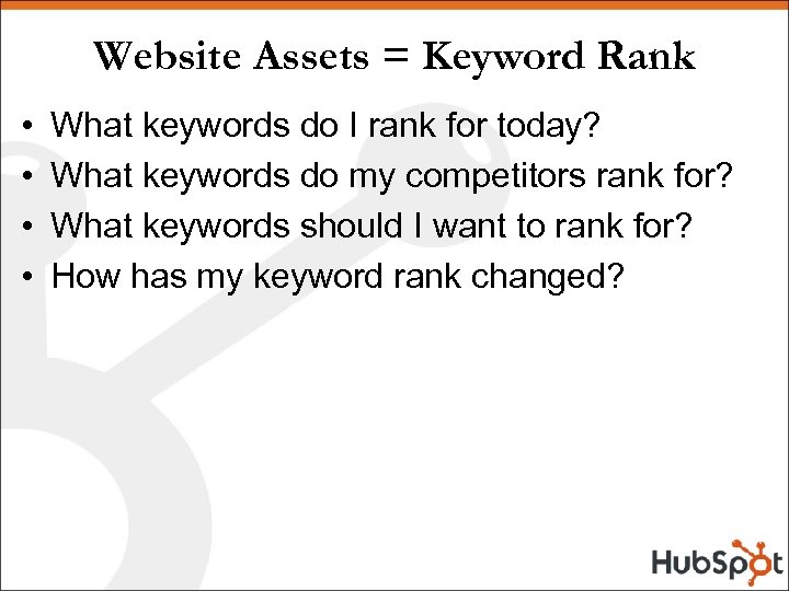 Website Assets = Keyword Rank • • What keywords do I rank for today?