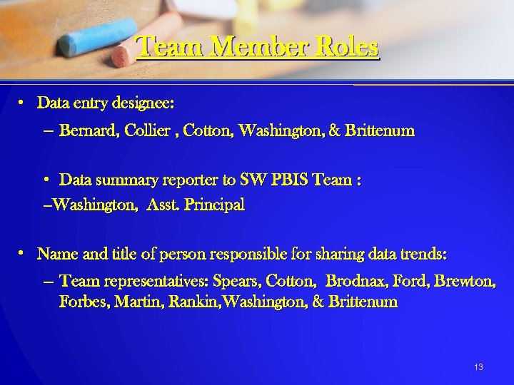 Team Member Roles • Data entry designee: – Bernard, Collier , Cotton, Washington, &