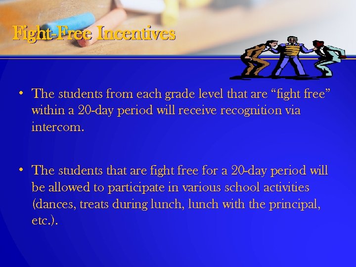 Fight-Free Incentives • The students from each grade level that are “fight free” within