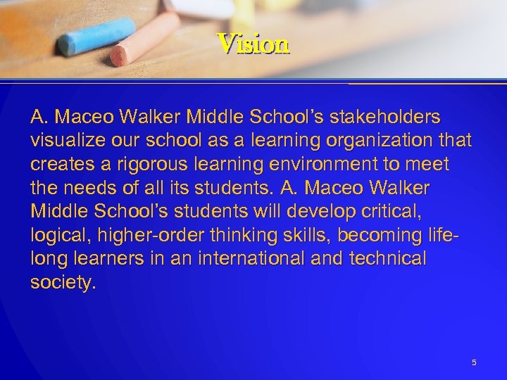 Vision A. Maceo Walker Middle School’s stakeholders visualize our school as a learning organization