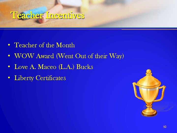 Teacher Incentives • Teacher of the Month • WOW Award (Went Out of their