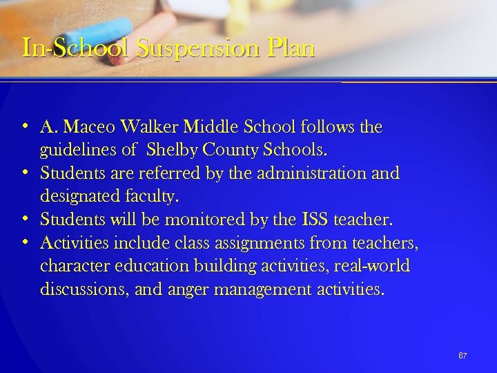 In-School Suspension Plan • A. Maceo Walker Middle School follows the guidelines of Shelby